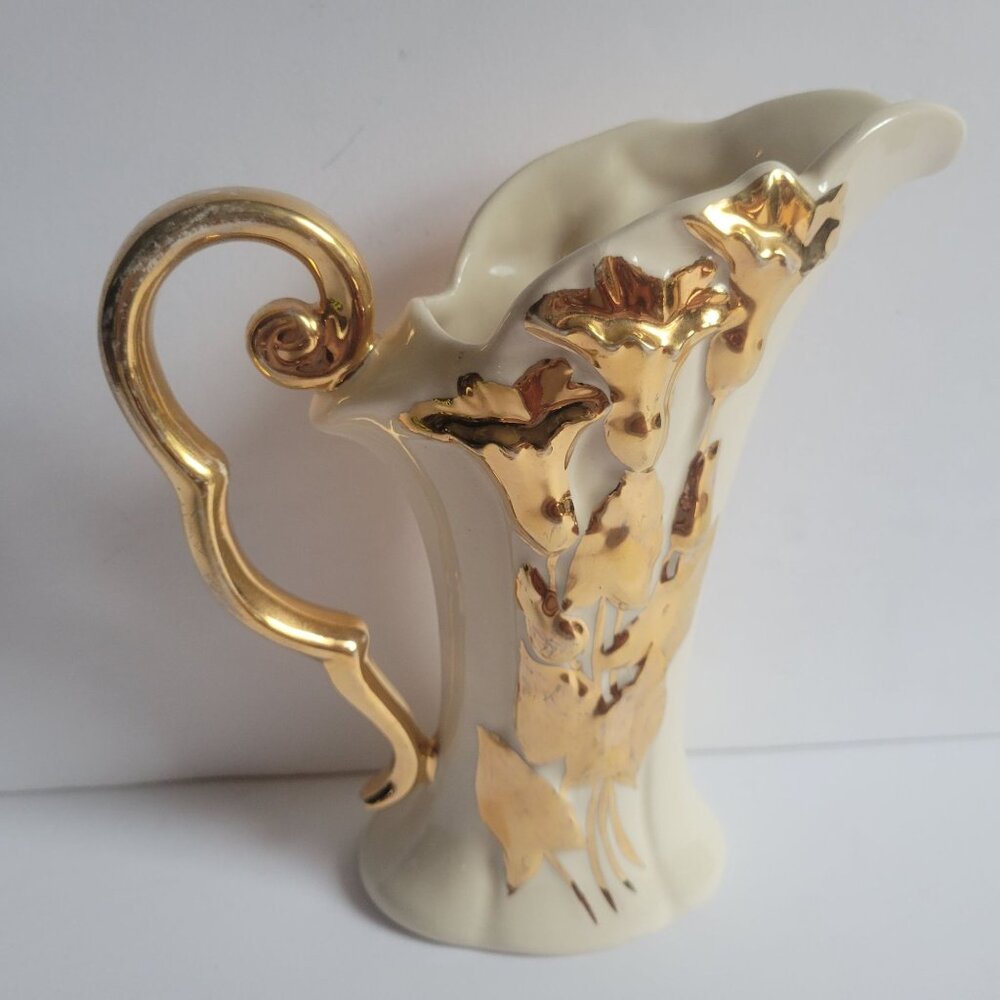 Vintage Ceramic Pitcher With Gold Floral Accents